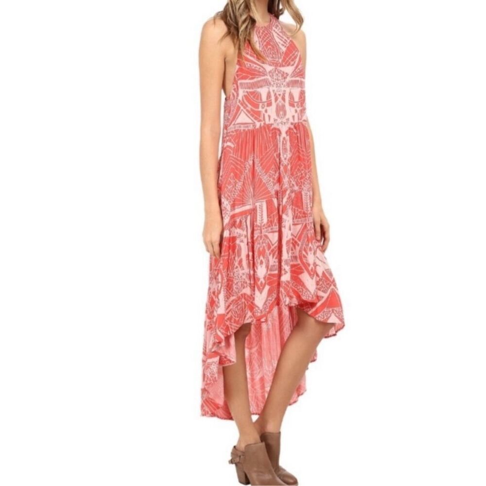 Free People La Mar Printed Dress in Hot Coral Combo Sz M